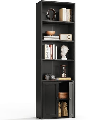 Coleshome Estantería Libros, Librería de 6 Niveles con Puertas y Armario, Estantería de Pie para Salón, Dormitorio, Oficina, Almacenamiento y Exhibición, Negro, 48 x 24 x 176.4