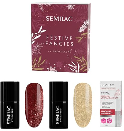 Semilac Festive Fancies UV Nagellack Set – 396 Flash Red & 037 Disco Gold UV-Lacke + Pflegeöl Erdbeere-Vanille