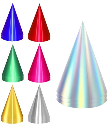 QZV 28 Pcs Metallic Cone Party Hats Bulk with Elastic String, 7 Colors Birthday Party Hats for Kids Adults Pets,4.7x7.28 In
