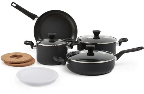 Amazon Basics Non-Stick Pot and Pan Set, Ceramic Cookware, Stackable, Dishwasher Safe, 10-Piece, Black