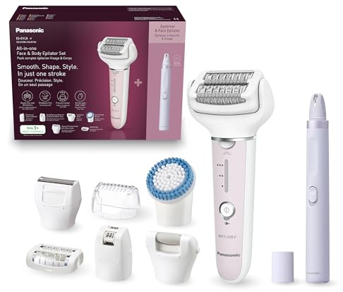 Panasonic ES-EYL9-P503 Kabelloser Nass-/Trocken-Epilierer & Augenbrauen-/Gesichtshaar-Epilierer-Set für Damen, Kurzhaarentfernung, 3 Geschwindigkeiten, Fußpflege- & Bikini-Aufsätze, Weiß/Hellviolett