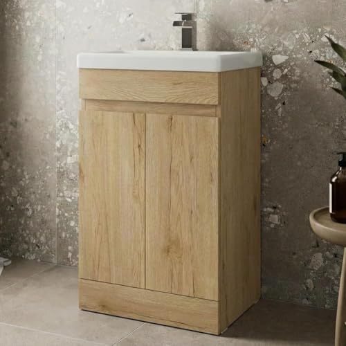 Artis® Centro 500mm Bathroom Vanity Unit Ceramic Basin Sink, Cloakroom Storage Furniture Cabinet, Floorstanding Cupboard Soft Close Doors, Oak