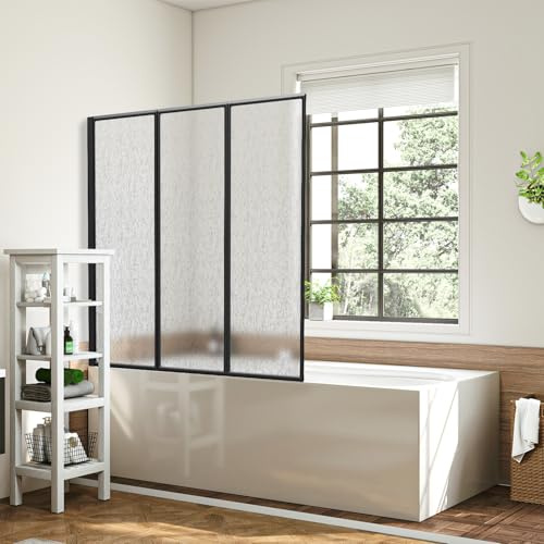 Daromigo Duschvägg för badkar 120 × 140 cm, 3-delad vikbar av okrossbar PS-plast, badkarfäste med svart aluminiumram, duschvägg med droppstruktur som stänkskydd