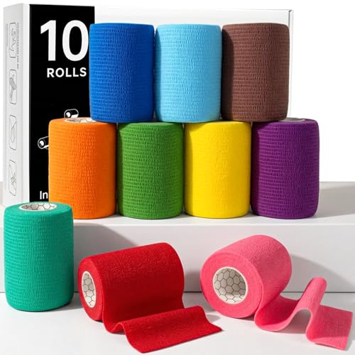 Rokehr Bandage Autoadhésif, 10 Rouleaux 7.5 cm X 4,5 m Bande Cohesive, Bande Strapping Adhésif pour Les Humains et Les Animaux, Elastique Bandage pour Doigt, Poignet, Cheville (Couleur)