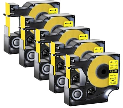 JCxYGAP 5pk Industrial Ind Etiquetas A18443 18444 18445 La Cinta de Etiqueta Blanca sobre Blanca y Amarilla Funciona con 1000 4200 Impresora Compatible con Cinta de Etiqueta(5PK Black on Yellow)