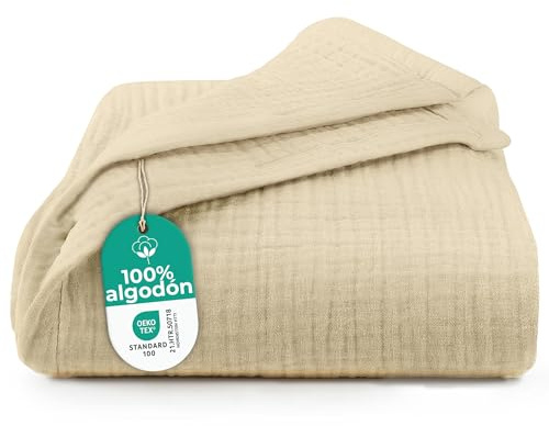 Dreamzie Manta Sofa de Muselina 220x240 cm - 100% Algodon - Manta Ligera y Transpirable - Mantas para Cama y Cubre Sofa en Gasa de Algodon Oeko-Tex - Beige