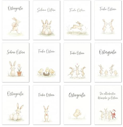 Edición Seidel set de 12 tarjetas de felicitación de Pascua con sobre. Tarjeta de Pascua plegable. Tarjeta con saludos de Pascua: ¡Felices Pascuas! primavera colorida conejo de Pascua (SW026).