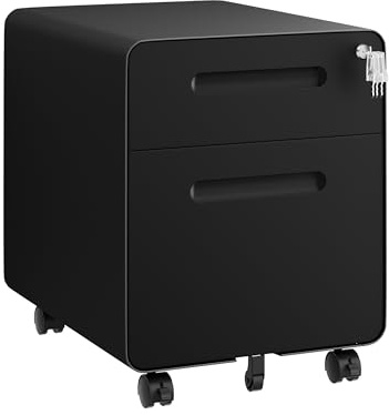 HOMSTEEL Armoire de classement mobile à 2 tiroirs avec serrure en acier, entièrement assemblée sauf roulettes, pour bureau à domicile, pour A4, lettres, dossiers juridiques, noir
