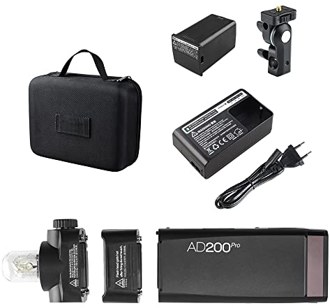 Godox AD200Pro Pocket Flash Tragbarer kabelloser TTL-Blitz mit wechselbarem Blitzkopf (Speedlite/nackte Birne) GN52 GN60 1 / 8000s HSS Kompatibel mit Nikon Sony Fujifilm Olympus Panasonic