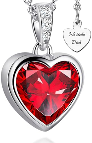 Halskette Silber 925 mit rotem Stein Anhänger Silberkette Herz Kette rot Herzkette Ich Liebe Dich Schmuck Hochzeitstag Jahrestag Geschenke für Sie Damen Frauen Freundin Liebesgeschenke