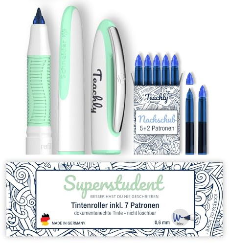 Teachly Superstudent Tintenroller - Nachfüllbarer Stift für Uni, Schule & Büro (Mint) - Inkl. 7 Tintenpatronen (Blau)