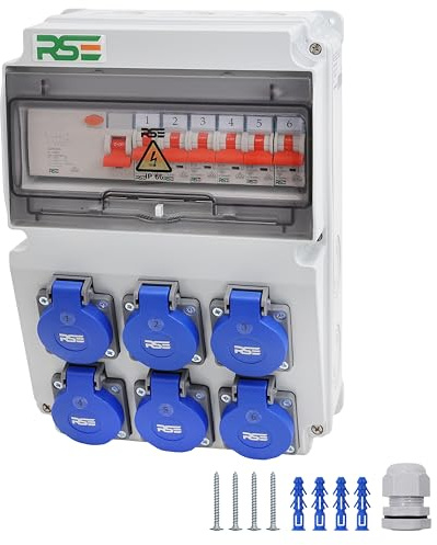 RSE Byggströmsfördelare, väggfördelare, trådbunden, 230 V, med uttag med räknare, IP65, 11. 6 x 230 V med LS + FI 3P