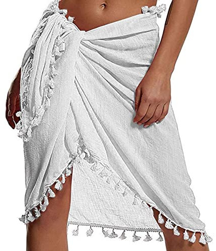 TBSCWYF Faldas Cruzadas de Playa para Mujer Delantal Corto con Flecos Sarong Traje de baño de Gasa Cubiertas Bikini Wrap Pareo de Playa para Mujer Diseños Lisos con Pasador de Coco