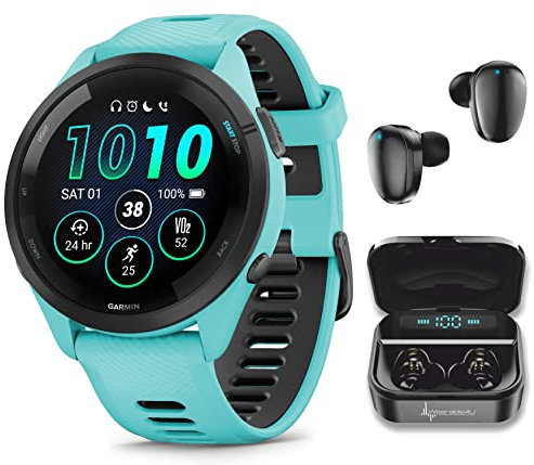 Wearable4U Garmin Forerunner 265 Music GPS Running 46 mm Smartwatch, Aqua with AMOLED 1.3 in Touchscreen Display Black Earbuds Bundle, Aqua +Blk EarBuds