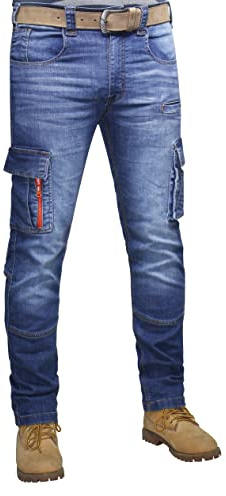 Herrjeans, cargo, denim, stridsbyxor, raka ben, normal passform, snygga och funktionella arbetsjeans, med flera fickor, stentvätt finns i alla midjestorlekar, blått 1, 32W x 30L
