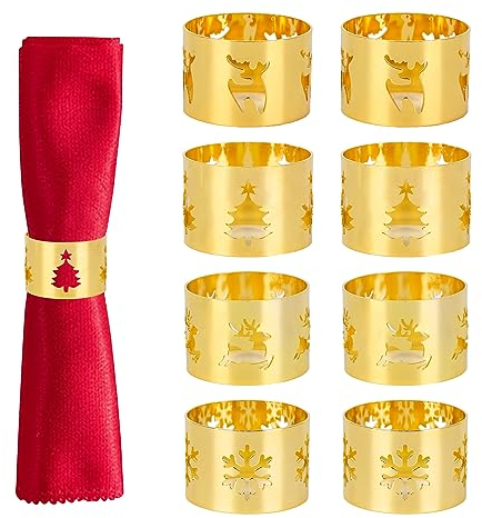 8 PCS Anelli Portatovagliolo Natalizi, Portatovaglioli in Oro Natale per Uso Domestico Tovagliolo, Albero di Natale Renne e Fiocchi di Neve Tovaglioli Anello per Natale Feste Decorazione da Tavolo