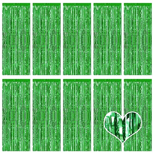 Ohiyoo 10 Stück Grün Lametta Vorhänge 1 x 2.5M Tinsel Curtain Folien Fransen Metallic Lametta Vorhange Grün für Geburtstag Partydekor Verlobung Hochzeit Weihnachten Neujahr Dekoration (Grün)