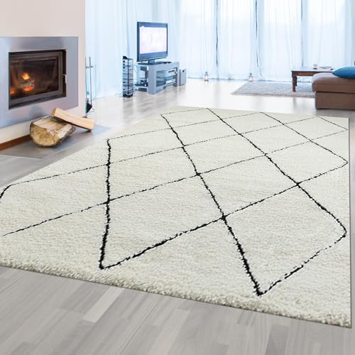 Teppich-Traum Hochflor Wohnzimmerteppich weiß schwarz Rautenmuster nordisch, 140 x 200 cm