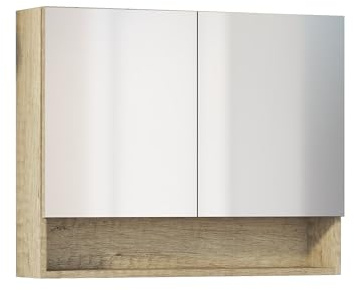 Baikal Mueble Camerino con Espejo, Armario Auxiliar de Baño Multiusos, Opción con o sin Luz LED. Mueble de Pared de fácil colocación. Armario MONTADO. Acabado Nature. Abierto 2 Puertas 80 cm