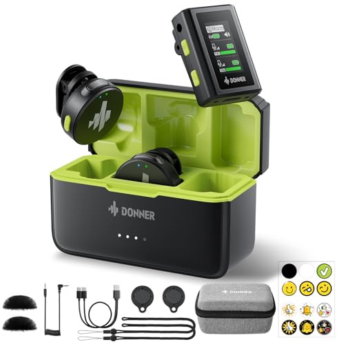 Donner Microfono lavalier wireless con jack da 3,5 mm per fotocamera, microfono da bavero plug-play con cancellazione del rumore, 305M 40H 48KHz 24Bit, Mini microfono professionale a doppio canale per