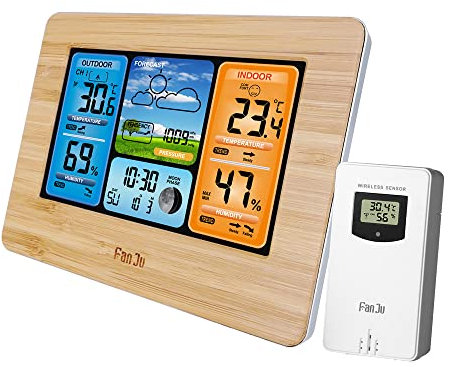 Brilluxa Station Météo Numérique FanJu FJ3373, Horloge Météo Multifonction sans Fil, Moniteur Température et Humidité Intérieure Extérieure, Alimentation USB (Bois)