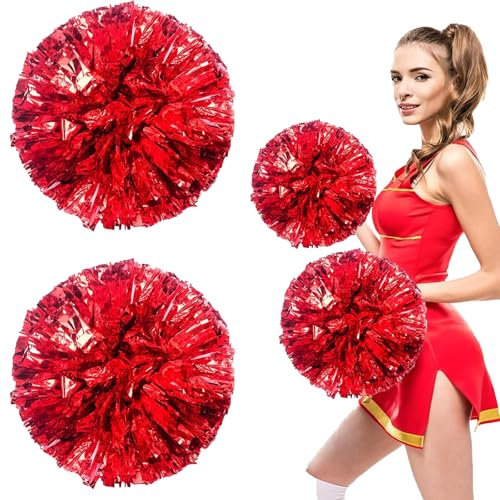 2 Stück Cheerleader Pompons,Cheerleader Pompons Rot,Metallisch Cheerleading Pompons,Sport Squad Cheer Accessories,für Cheerleading, für Leistung, Gymnastik