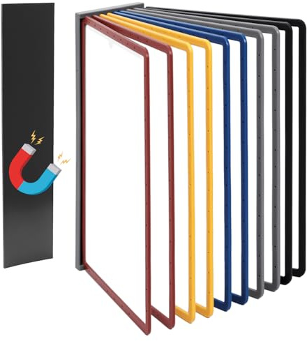 QWORK® Système porte-documents mural magnétique, 10 panneaux A4 noirs, avec plaque magnétique et vis pour installation facile