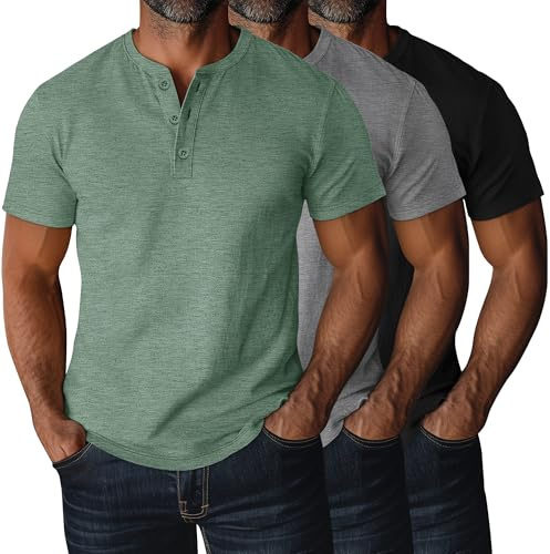 Ficerd Lot de 3 T-Shirts Henley Homme | Grande Taille Et Grande Taille Longue, Manches Courtes, Avec Boutons, Polo, Ample, Surdimensionné, Été, Décontracté, Sportif