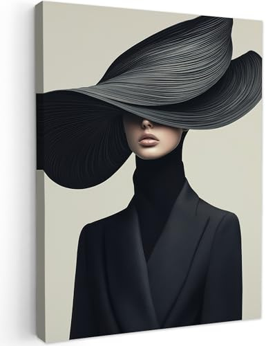 MuchoWow© Impression sur Toile Photo Peinture 50x70 cm Tableau Decoration Murale Chambre Salon Maison Deco Cuisine Noir - Femme - Chapeau