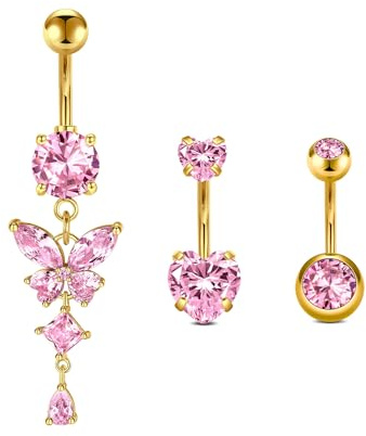 Briana Williams 14G Belly Button Bar Ring Silver Gold Stainless Steel Butterfly Heart Navel Piercing 10mm Pink Purple CZ Belly Jewelry for girl women