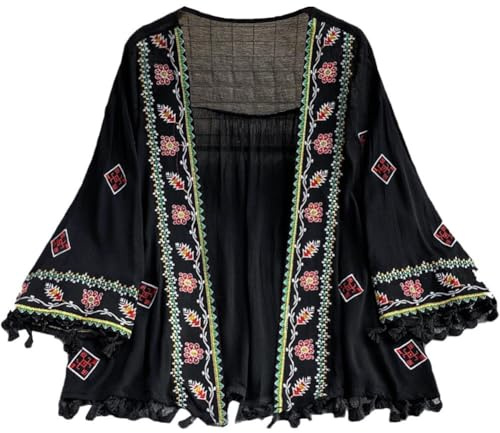 Blommig kimono kofta chiffong kofta med broderade tofsar semesterstil strandöverdrag öppen front tunn kort dam