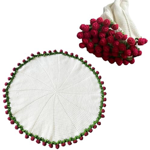 Crochet Flowers Rose Bouquet Blanket Handmade, Lightweight Rose Bouquet Blanket & Crochet Kit, DIY Handmade Bouquet Blankets for Mother Birthday Home Decor (Red, Crochet Material Kit)
