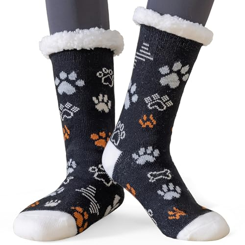 YEEKAORA Chausson Chaussette Femme, Chaussettes Pantoufles Antidérapantes Thermiques, Hiver Chaussette Chaudes Polaire (Black Paw)