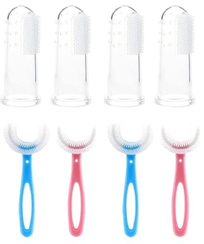 GNALIA Spazzolino Da Denti A Forma Di U Per Bambini 6-12 Anni, 8 Pezzi (4 Spazzolini U + 4 Spazzolini Da Dito), Testina 4.5Cm 360°, Silicone Alimentare, Colori: Blu E Rosa