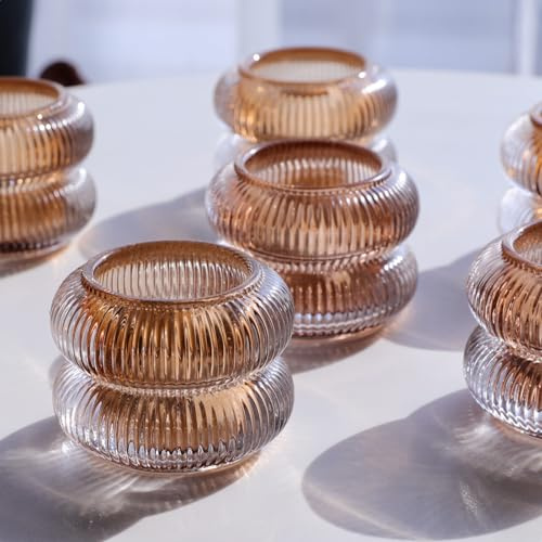 Lot de 6 photophores en verre marron nervurés comme décoration de table