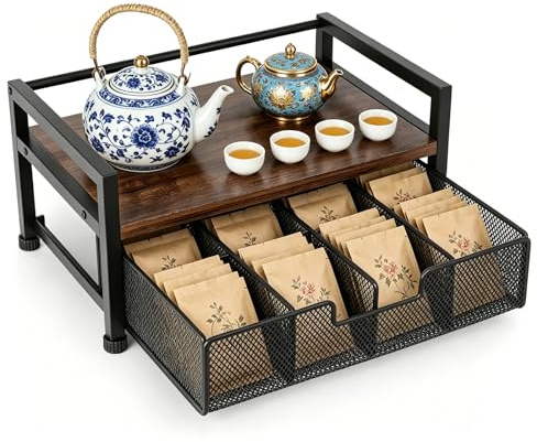 FARYODI Scatola da tè con cassetto – Scatola da tè per bustine da tè, organizer da cucina, cassetto, contenitore con 8 scomparti, stazione da tè per piano di lavoro, nero