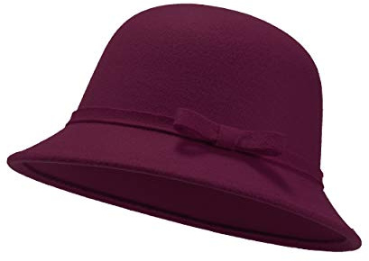 UltraKey Sombrero de Fieltro para Mujer, Sombrero de Cubo, Sombrero de Lana de Gamuza Vintage Ajustable con Lazo Vino Rojo