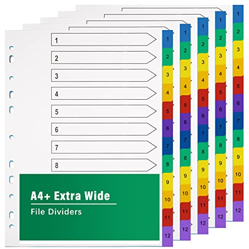 A4 File Dividers 12 Part Extra Wide Coloured Tabs【5 Pack】Folder Dividers Coloured Mylar for Lever Arch Files Multipurpose Porous Index Dividers
