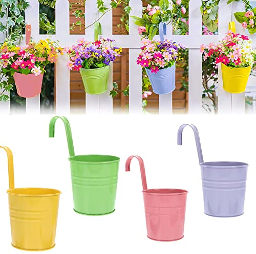 Wensmy 4pcs Metal Hanging Flower Pots with Detachable Hook Balcony Flower Bucket Wall Planter Garden Planters With Drainage Hole for Balcony Fence Home Decor