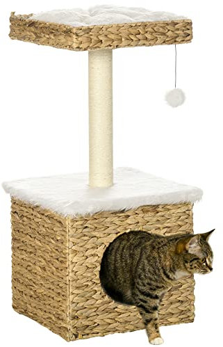 PawHut Arbre à Chat 2 Niveaux avec 1 Niche, 1 Poteau sisal, 1 Plateforme d'observation et 1 Pompon Suspendu - 2 Coussins Amovibles - Jacinthe d'eau