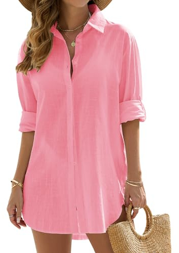 Vancavoo Vestidos de Playa Mujer Camisolas de Playa Bikini Cover Up Camisas de Manga Larga Suelta Pareos de Casual Color Sólido Blusa con Botón para Verano(Rosa,S)