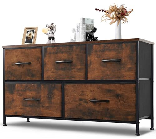 DUMOS Kommode mit Schubladen - Kommoden & Sideboards für Schlafzimmer Geeignet, Komodenschrank mit 5 Schubladen, Stoffkommode mit Stabilem Stahlrahmen, Ideal für Schlafzimmer, Wohnzimmer(Vintagebraun)