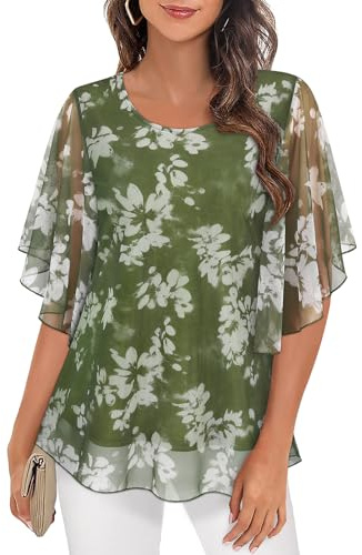 Syphiby Chiffon Blouses for Women Evening Tops Ladies Chiffon Blouse Ladies Blouses Size 16 UK Casual O Neck Ruffle 3/4 Split Sleeve Blouse Women Loose Fit Flowy Tunic Top Elegant Party Tops