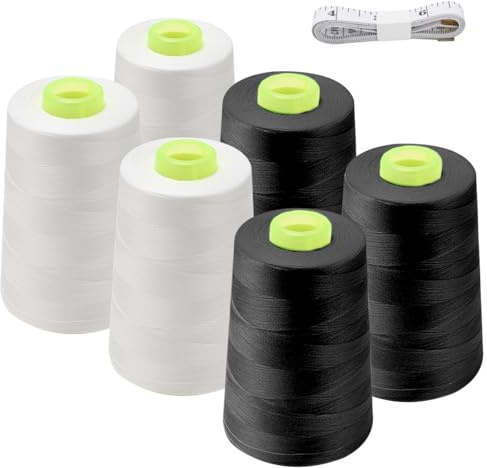 FOGAWA 5000 Yards Sewing Thread 6 Spools Overlocking Sewing Machine Polyester Thread Overlocker Thread 40S/2 Black White Sewing Thread Cones with Measuring Tape for Hand and Machine Sewing Crafts