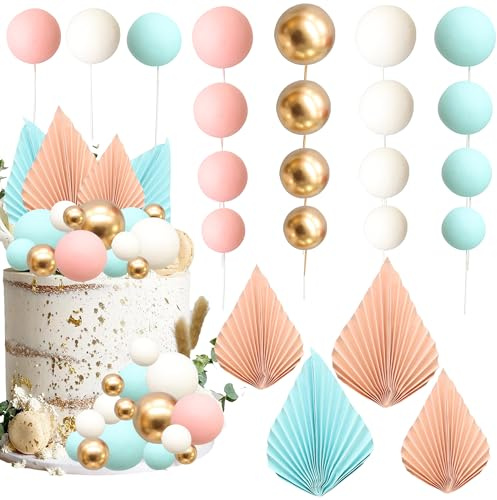 Gyufise 32Pcs Paper Palm Fan Cake Topper Balls Cake Topper Mini Balloon DIY Cake Insert Cake Decorations for Baby Shower Wedding Bridal Shower Birthday Party Decorations Blue Pink