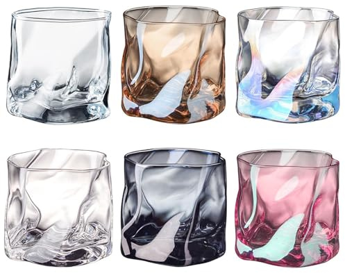 LOITTAINUE Gläser Set 6 Teilig 200ml - Unregelmäßiges Kristall Whiskeygläser - Trinkgläser Eiskaffeegläser Cocktailgläser Longdrinkgläser Wasser Tee Kaffee Saft - Spülmaschinenfest (6 Farben)