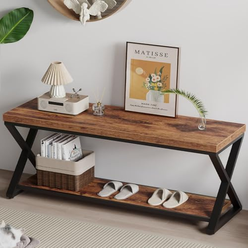 IBF Wood Entryway Bench Indoor, Industrial entryway Bench with Shoe Storage for Living Dining Room, Farmhouse Wooden Metal Entry Way Foyer Benches Seat for Bedroom, Rustic Brown, 120cm