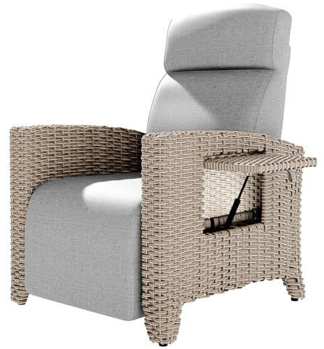 ONKBOITE Tumbona de Relax Ergonómica, Sillón de Ratán, Respaldo Ajustable, con Cojín Grueso, Adecuada para Interiores, Balcón, Jardín, Patio (Bordes de Ratán Marrón + Cojin de Gris)