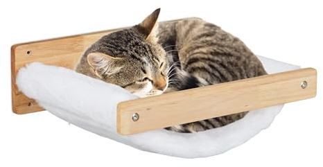 Relaxdays Cat Hammock, Wall-Mounted, Hanging Pet Bed, Plush Lounger, HWD: 17 x 39.5 x 32.5 cm, Wood, White/Natural