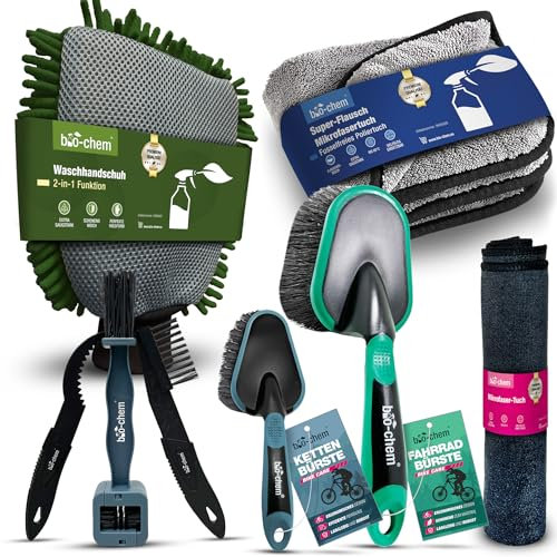 bio-chem Fahrradzubehör-Set 8-teilig – Komplettset mit Bürsten, Waschhandschuh & Tüchern – für Fahrradreinigung & Pflege – ideal für MTB, E-Bike, Rennrad, Citybike – lackschonend & effizient